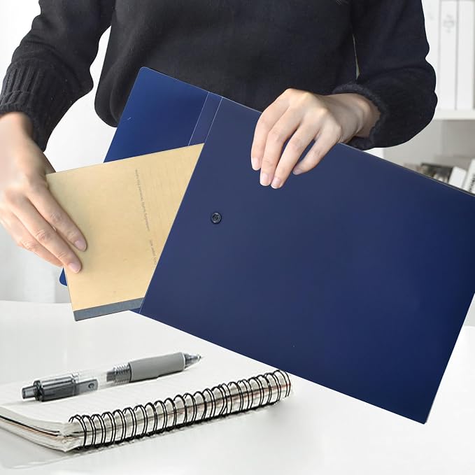 VANRA Vertical File Folders Poly Filing Envelope Plastic Project Folder with Snap Button Closure for A4 Letter Size Paper (Pack of 5, Navy Blue)