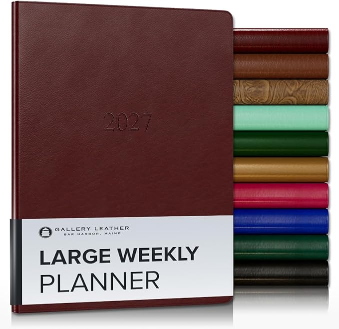 Gallery Leather Large Weekly Monthly Planner 2027, Elegantly Bound Calendar Planner and Notebook with Stylish Gold-Gilded Page Edges, 12 Months - Tremont Garnet - 9.75x7.5"