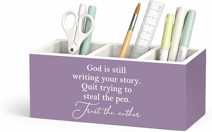 God is Still Writing Your Story Pen Holder | Inspirational Desk Organizer, Wooden 3-Compartment Pencil Caddy for Office, Home, Classroom