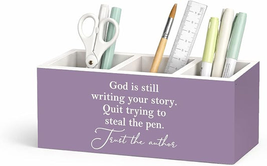 God is Still Writing Your Story Pen Holder | Inspirational Desk Organizer, Wooden 3-Compartment Pencil Caddy for Office, Home, Classroom