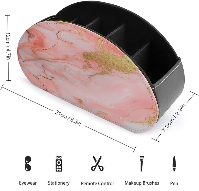 Pink And Gold Marble Pattern Remote Control Holder with 5 Compartments Leather TV Remote Caddy Remote Storage Box Desktop Organizer for Pen/TV Remotes/Media Controllers/Office Supplies