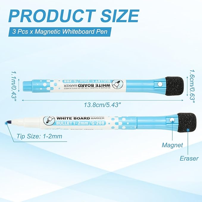 PATIKIL Magnetic Whiteboard Pen, Fine Tip Dry Erase Blue White Board Markers with Eraser Whiteboard Calendar Supplies for Classroom Office, 3 Pcs, 1-2mm Tip