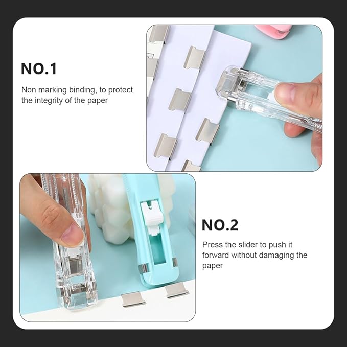 BETOOKY Refillable Clip Stapler Set with White Document Clamp and Dispenser, No-Staple Binding Tool for Student Paper Organization and Office Filing