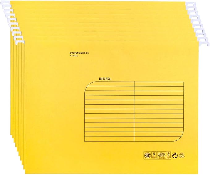 Hanging File Folder, A4 Suspension Files Holder, Hang Folder, Filing Cabinet Suspension File with Tab and Label for School Home Office, Yellow, 25 Pack