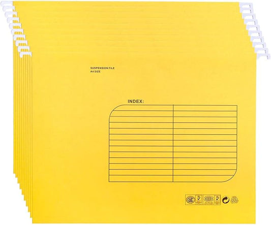 Hanging File Folder, A4 Suspension Files Holder, Hang Folder, Filing Cabinet Suspension File with Tab and Label for School Home Office, Yellow, 25 Pack