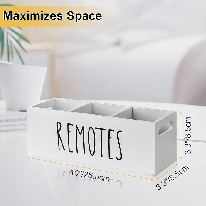 Remote Control Holder for Table, Wooden TV Remote Holder, Remote Storage Box Organizer, Remote Caddy for Bedside, Couch- White (3 Compartments)