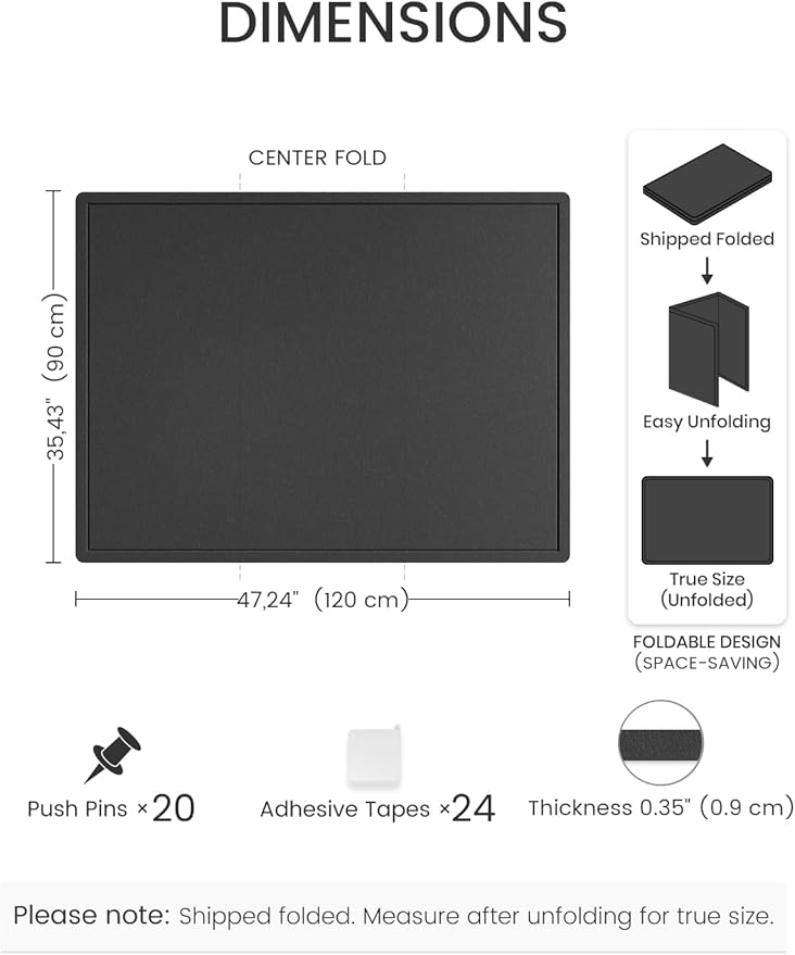 Fluxnara Bulletin Board,Cork Board Alternative with Safe Removable Adhesive Tabs, Foldable Felt Pin Board for Home Office, Classroom, Bedroom,Entryway for Walls (Black, 47.2 x 35.4 inches)