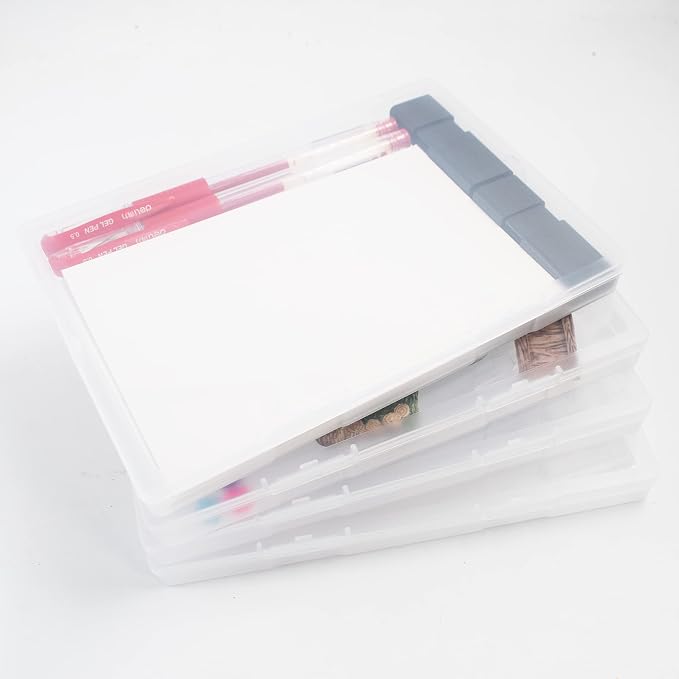 Cuyacili 4 Pack Scrapbooking Paper Storage File Boxes B6 Plastic Box for Documents Magazines Paper Photos Stamps Cards Envelope Protector Office Supplies File Storage Case (7 * 5 inch)