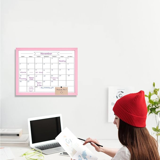 TORASO Dry Erase Monthly Calendar Board, Magnetic Whiteboard for Wall, Office/School/Home, Solid Wood Pink Frame Hanging Board 13"x 17"(YL-Pink-3343-B)