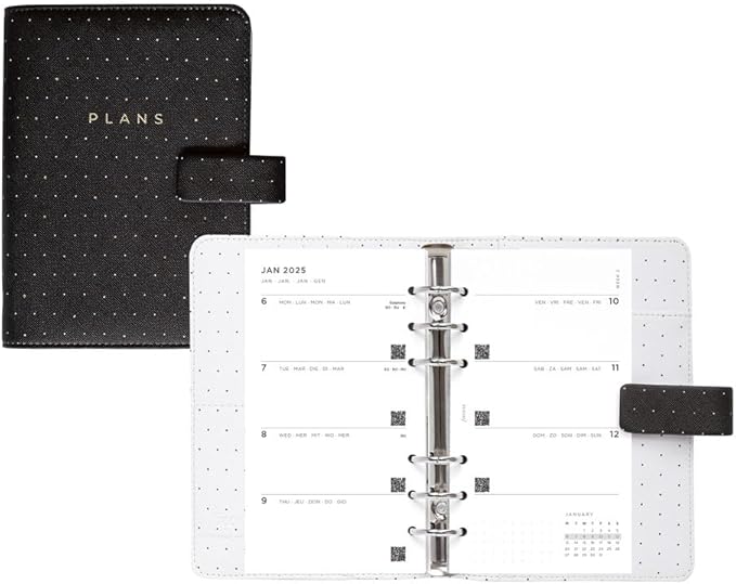 Filofax Moonlight Organizer, Personal Size, Black - Leather-Look, Gold Accents, Six Rings, Week-to-View Calendar Diary, Multilingual, 2025 (C022654-25)