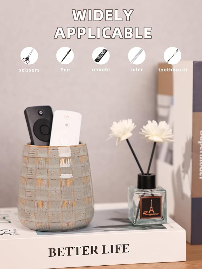 GDCZ Ceramic Remote Control Holder, Remote Caddy Organizer Storage, Remote Organizer for Table, TV Remote Holder, Makeup Brush Pen Holder, Space Save for Office Desk (Grey)