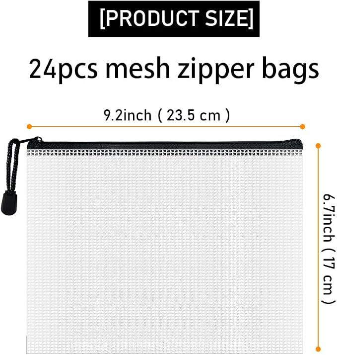 D-KINGCHY 24Pcs Zipper Storage Bags, Plastic Mesh Zippered Pouch for Organization, Waterproof Versatile Bags for Office Supplies School Travel (A5 Size 9.2''x6.7'', Black Zipper)