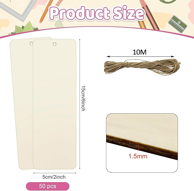 50 Sets 6 x 2 Inch Large Size Wooden Bookmarks with Hole and Ropes, Unfinished Wood Bookmark Blanks Rectangle Blank Bookmark for DIY Crafts, Painting, Wedding, Birthday Party Decors