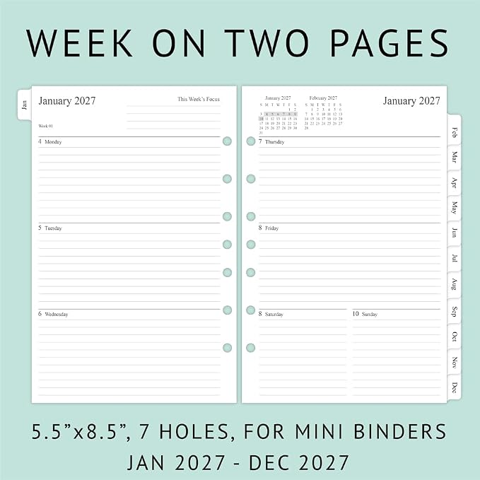 newestor 2027 Weekly & Monthly Planner Refill, 5-1/2" x 8-1/2", Jan 2027 to Dec 2027, 7-Hole Punched for Mini Binders