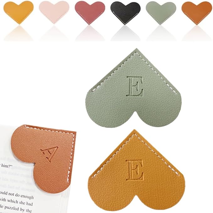 2PCS Personalized Leather Heart Bookmark, 26 Letters Customized Corner Book Mark for Reading Women, Book Marker with Initials，Cute Gifts (Green+Light Brown, E)