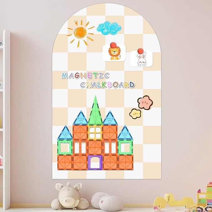 Magnetic Chalkboard Wall Decal 24''x40'' Arch - Removable Reusable Peel and Stick (No Wall Damage) Extra Strong Magnetism - Easy Clean Chalkboard for Home Office Playroom (Beige White Checker)