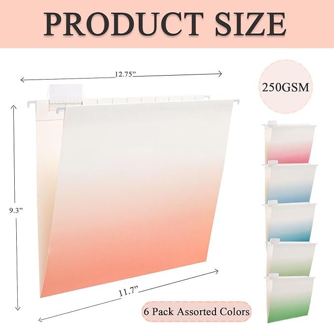 6 Pack Gradient Hanging File Folder Letter Size Reinforced Hanging Folders with 1/5-Cut Adjustable Tabs File Folders for Filing Cabinet Organizer for Office Home, Assorted Colors