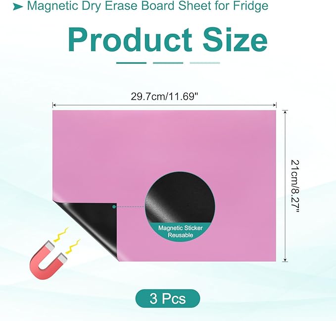 PATIKIL Magnetic Dry Erase Board Sheet for Fridge, 3 Pcs 12 x 8 Inch Erasable Refrigerator Whiteboard for Kitchen for Home Kitchen Organizer Planner Office Storage, Pink (0.6mm)