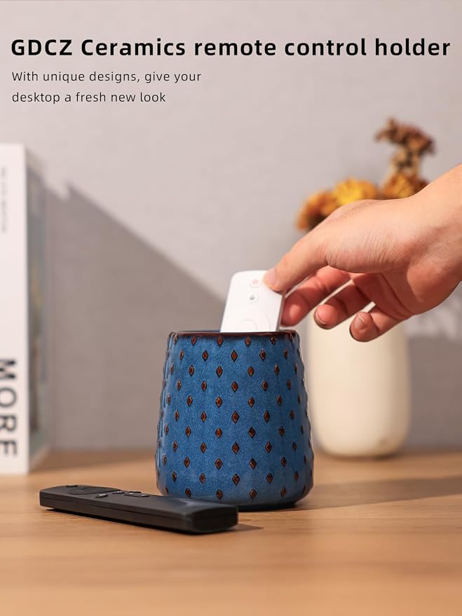 GDCZ Ceramic Remote Control Holder, Remote Caddy Organizer Storage, Remote Organizer for Table, TV Remote Holder, Makeup Brush Pen Holder, 4.2" (Blue)