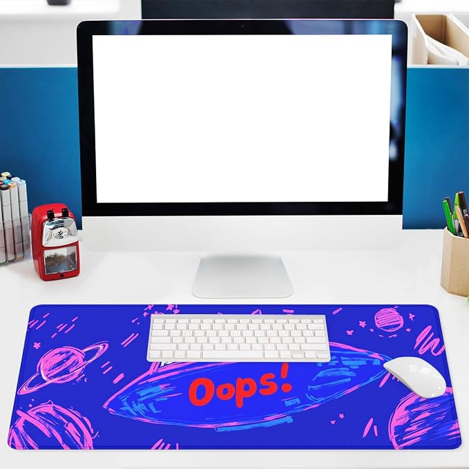 Cute Space Desk Pad Mouse Pad Cosmic Cat Neon Cartoon Extended Gaming Mousepad Mat with Stitched Edge Non-Slip Base Big Mousepad Office Home Decor for Women Girl 31.5"x11.8"