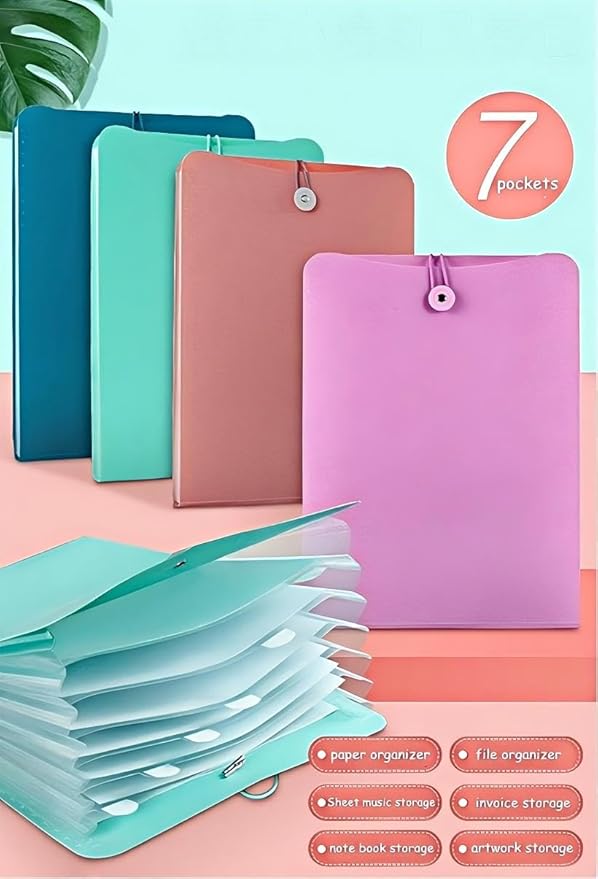 Vertical Expanding Accordion Folder with 7 Pockets Paperwork Organizer Document Wallet Briefcase Business File Organizer Bag A4 Letter Size Elastic Rope Closure Purple