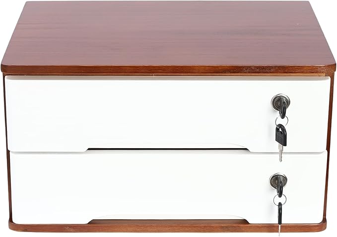 Lockable Desk Organizer Wooden Desktop Drawers Office Flat Files Storage Box Locking Countertop Storage Cabinet (Walnut + White, 2-Tier)