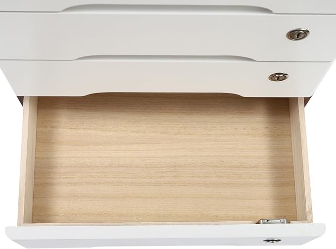 Lockable Desk Organizer Wooden Desktop Drawers Office Flat Files Storage Box Locking Countertop Storage Cabinet (Walnut + White, 4-Tier)