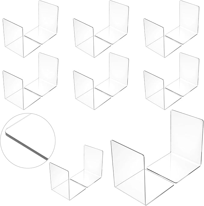 16 Pcs Clear Acrylic Bookends, Heavy Duty L Shaped Dividers for Shelves, Organizer for Books Movies CDs, for Home Office Library, 5.1x3.9x3.9 Inches
