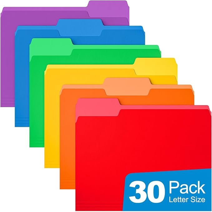 HABGP 30 Pack Manilla Folders 8.5 x 11 Inch, 1/3-Cut Tab Colored File Folders Letter Size, Paper File Folders, Manila Folders Home Office School Supplies for Documents Files, 6 Assorted Colors
