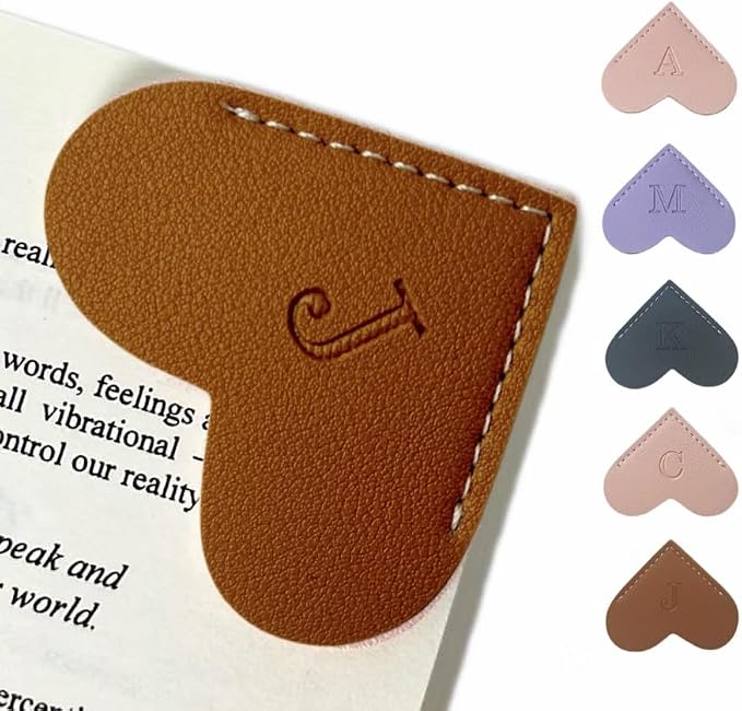 Personalized Leather Book Marks, Heart Bookmark, Unique Cute Handmade Letter Bookmarks Accessories for Reading Women, Teacher, Student, Book Lovers Book Mark Gifts (Brown, J)