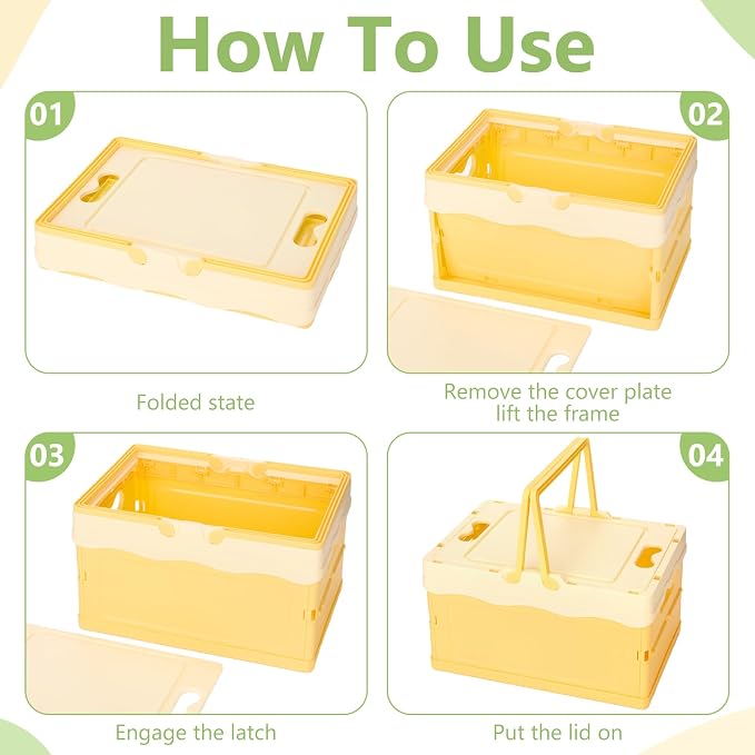 2 Pcs Pastel Plastic Collapsible Storage Crates with Lids and Handle Collapsible Picnic Basket Stackable Storage Bins Cute Foldable Container for Home Kitchen Office Bathroom(Green,Yellow)