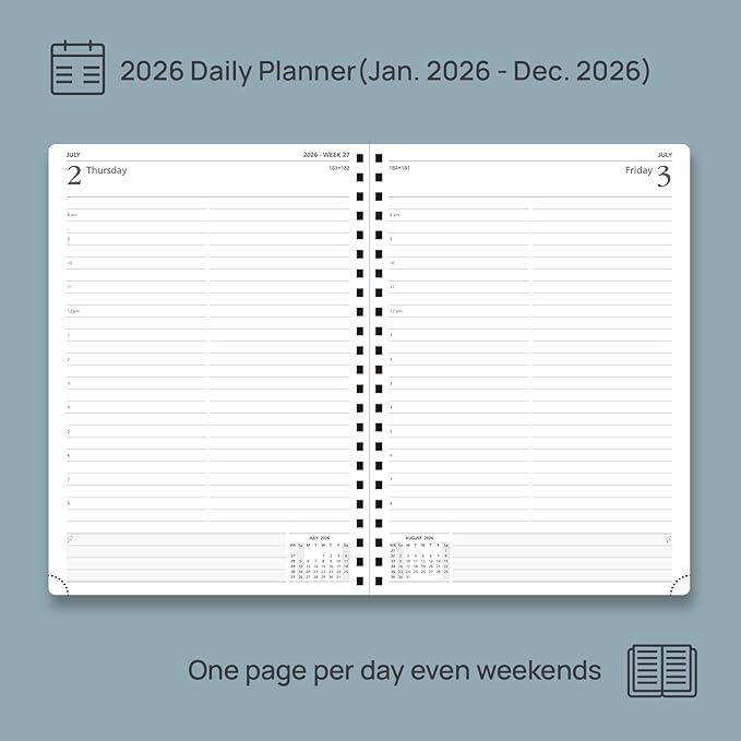 POPRUN 2026 Daily Planner One Page A Day - [A4 Large Size 8.25" x 12" -Spiral Hard Cover], Agenda 2026 Hourly Appointment Book with Monthly Calendar, Pen Holder, Ivory Paper -Pacific Green