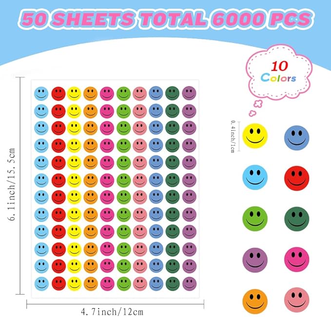 6000 Pcs Smiley Face Stickers, 50 Sheets Small Happy Face Sticker 10 Colors Mini Face Sticker Round Colorful Reward Stickers for Kids Classroom Behavior Chart Decals for Students Teachers Supplies