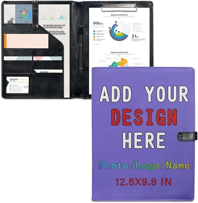 Personalized Leather Portfolio for Men Women, Custom Logo/Text/Photo Binder, A4/Letter Size Document Holder for Documents, Business, Conference, School, Slateblue