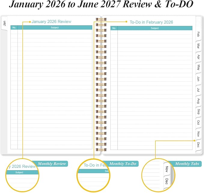 2026-2027 Monthly Planner - January 2026 - June 2027, Two Pages Per Month, 18 Monthly Calendar/Planner with Tabs, Inner Pocket, 6.4" x 8.5", Blue Leaf Flower