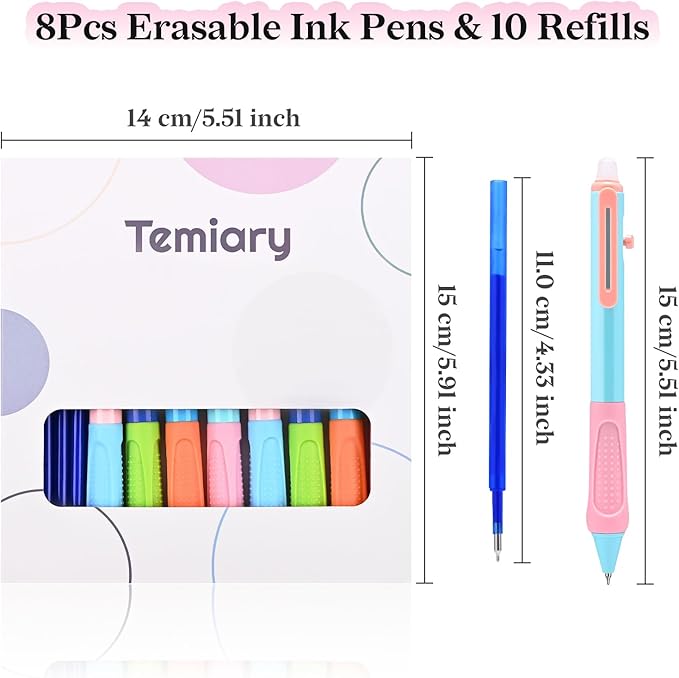 Temiary 8 Pcs Aesthetic Retractable Erasable Gel Pens & 10 Pcs Extra Refills, Ink Pen with Eraser, 0.5 mm Fine Point Smooth Writing for Students School Office Supplies (Blue Ink)