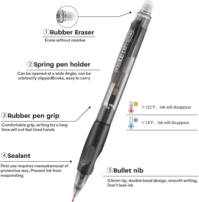 RIANCY 12 Pack Clicker Erasable Gel Pens, Fine Point (0.5mm), Black Ink with Eraser, Make Mistakes Disappear, Soft Grip for Students, Writing, Note Taking, School & Office Supplies