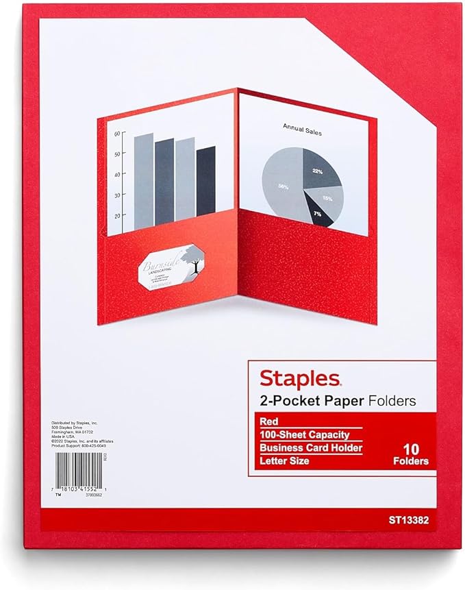 Staples 10% Recycled Smooth 2‑Pocket Paper Presentation Folders with Fasteners, Letter Size Project Folders for Office & School, Red, 10‑Pack