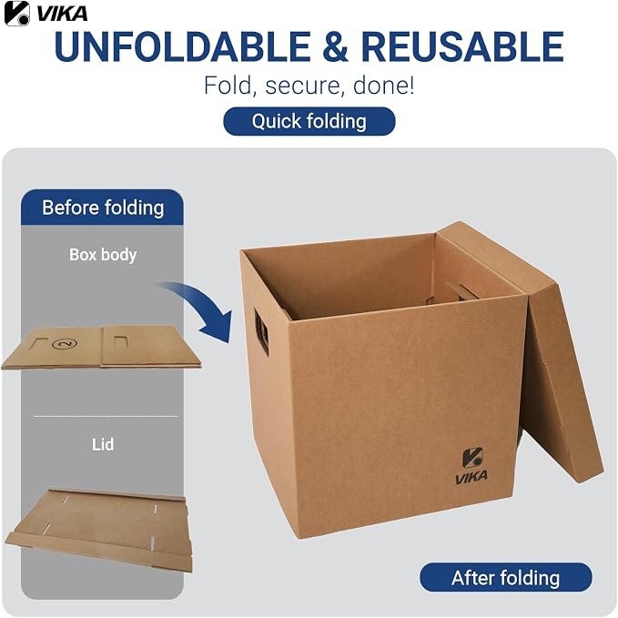 VIKA Vinyl Record Storage Box & Moving Box – Sturdy Cardboard with Removable Lids and Handles, Holds 60 Records/Laser Discs Each - Set of 4 Boxes (Kraft)