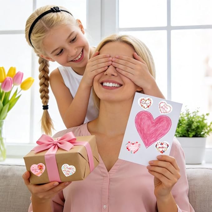 Mothers Day Stickers, 120PCS Happy Mothers Day Stickers, 2" Heart Shaped Mom Sticker Decal, Mom Gifts, 20 Sheet Self-Adhesive Mothers Day Crafted Mother's Day Labels Sticker for Envelope Seal Card Box