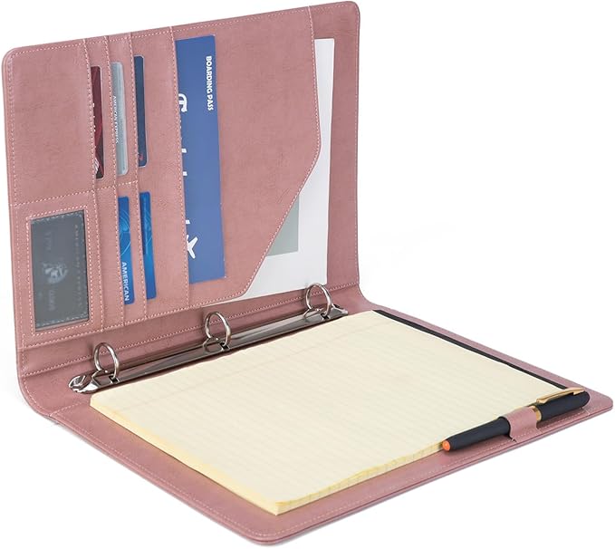 Vegan Leather 3 Ring Binder, 8.5 x 11 Letter Size Folio with Pen Holder, Soft Notebook Portfolio Cover, Slim Notepad Padfolio Thin File Organizer for Work Executive Meeting, Pink