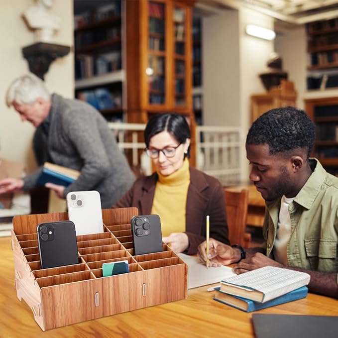 BENECREAT 24-Grid Wooden Cell Phone Storage Box, Mobile Phone Management Storage Box Desktop Organizer for Office and School Supplies, Teak Wood Color