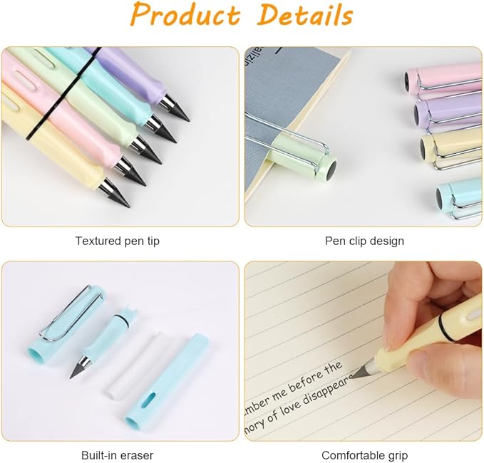 Ainiv Inkless Pencil with Eraser, 5 Sets Infinity Pencil Everlasting Pencil, Reusable Infinite Pencil with Extra 5 Eraser & 5 Replaceable Nibs, Endless Pencil for Home Office School Writing Drawing