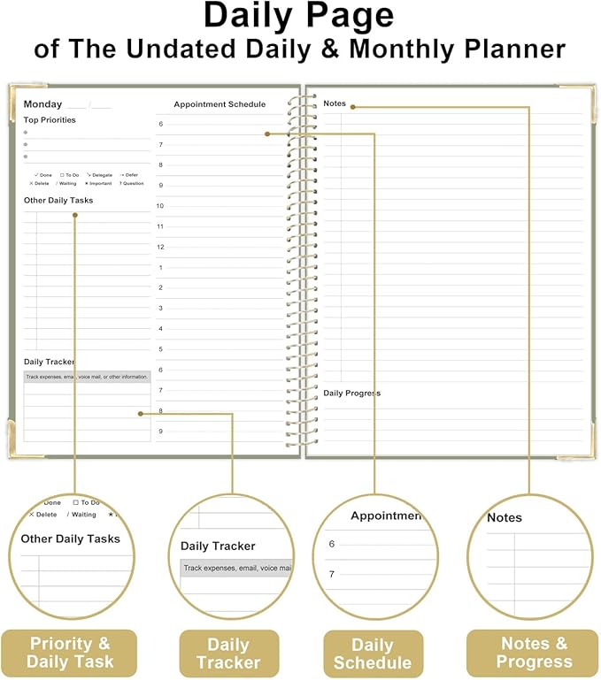Undated Daily Monthly Planner for 2026 or Anytime - A4 To Do List with Hourly Schedule, Hardcover Spiral Bound Daily Planner to Increase Focus, Stylish School/Office Supplies, 8.5" x 11", Green