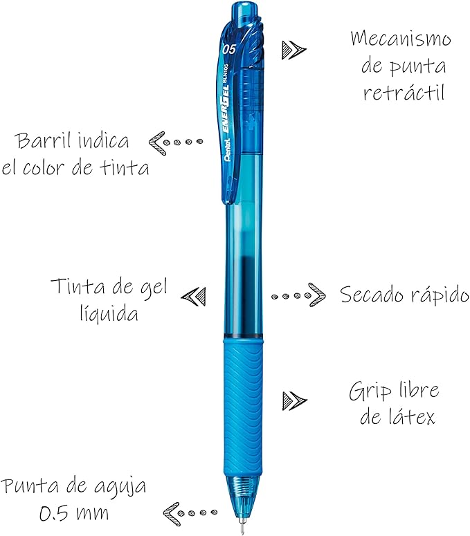 Pentel EnerGel-X Retractable Liquid Gel Pen (0.5mm) Needle Tip, Fine Line, Sky Blue Ink, Box of 12 (BLN105-S)