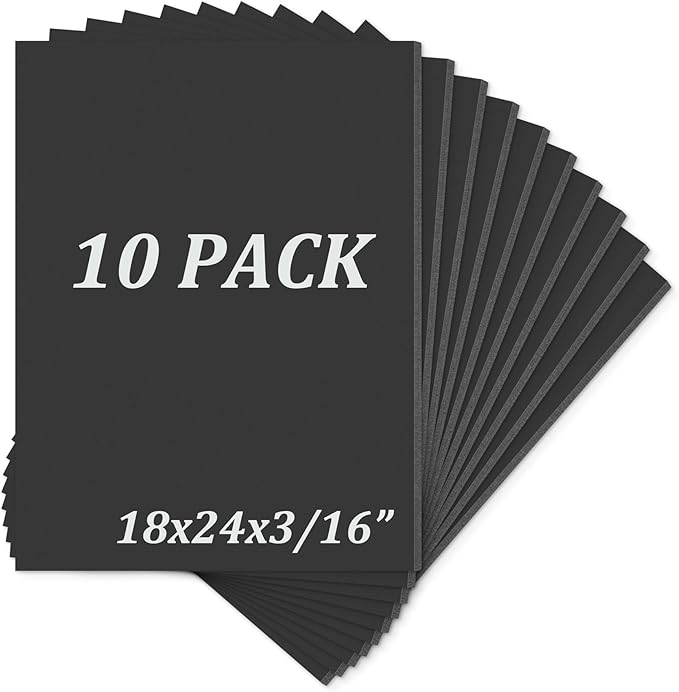 Mat Board Center, Pack of 10 Acid-Free Foam Boards, 18x24 inch Black Foam Boards, 3/16" Thick