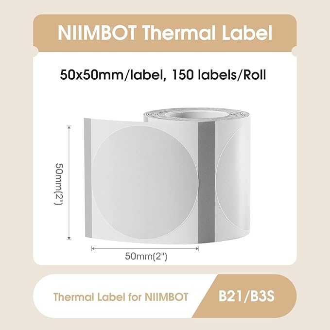 NIIMBOT Labels for B1/B21/B2 Printer - 2'' x 2'' (50x50mm) Thermal Labels, Waterproof & Oil-Proof, 1 Roll of 150 Round Clear Stickers