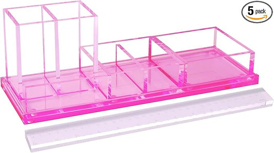 Acrylic Desk Organizer 4-Piece Desk Kit + Free Complimentary Acrylic Ruler, Desktop Organization for Office or Home，Rose Red
