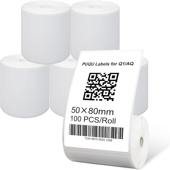 PUQU 50x80mm Direct Thermal Sticker Labels, Self-Adhesive All-Purpose Label Maker Tape, Compatible with AQ/Q1 Series Label Printer, Refills Standard Laminated Office Labeling, 6 Rolls of 600 Labels