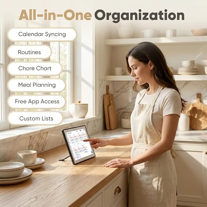 10.1" Smart Family Calendar, Touchscreen All-in-One Planner & Chore/Meal Chart, Wi-Fi Sync with Google/Outlook/iOS, Shared Reminders & App Control, Desk/Wall Organizer + Digital Photo Frame (Black)